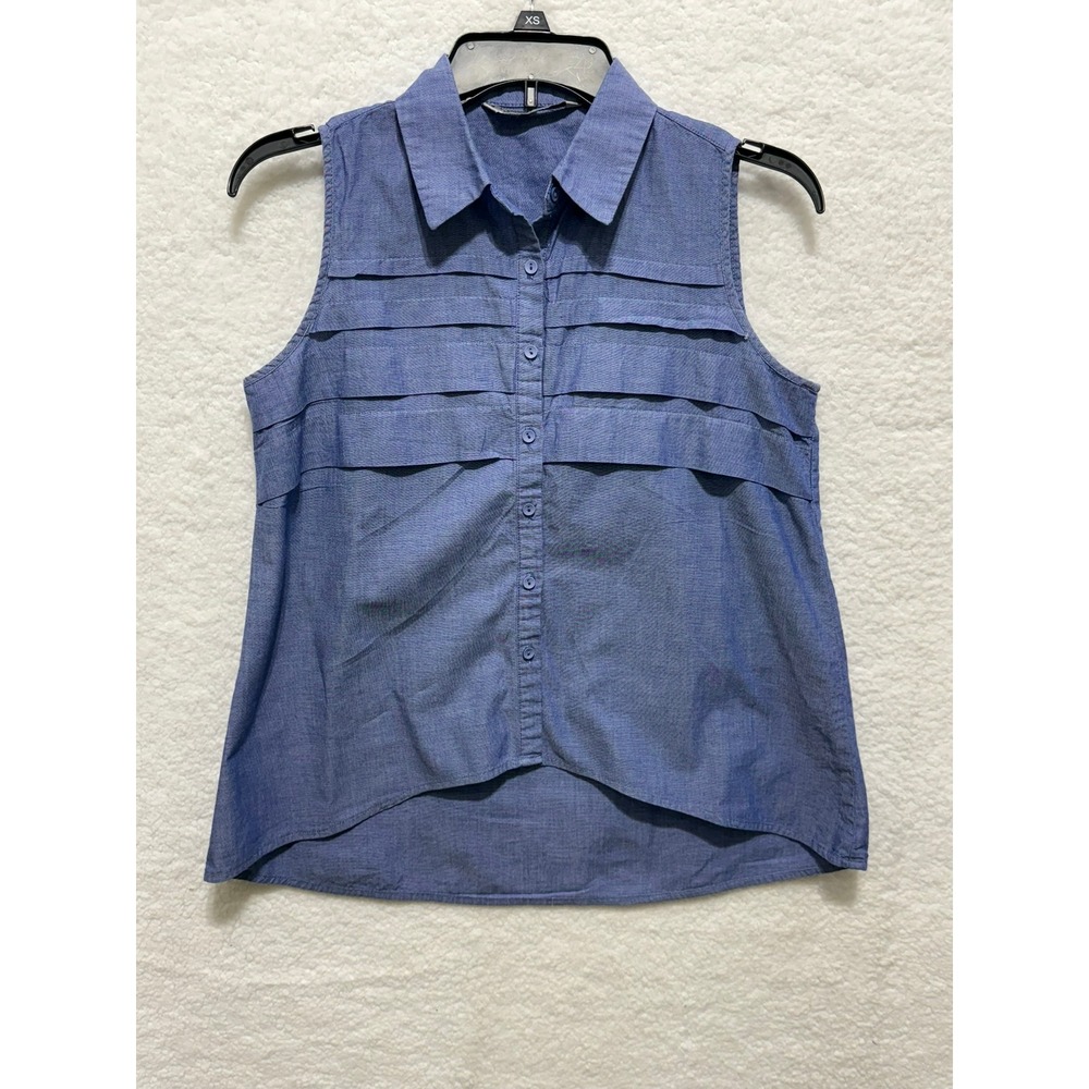 Signature Larry Levine Womens Blue Sleeveless Button Down Shirt